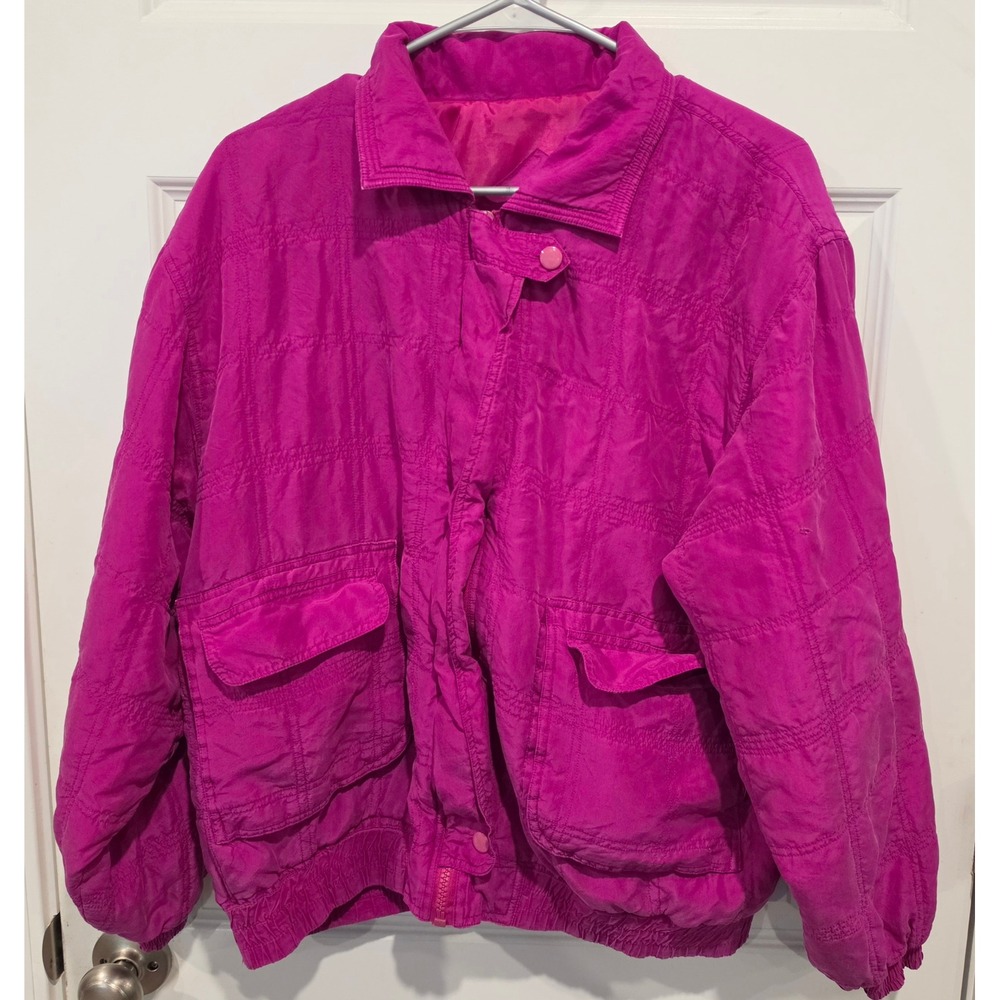 Lavon Silk Bomber Jacket Womens Small Magenta Pink Vintage 80s Quilted Retro
